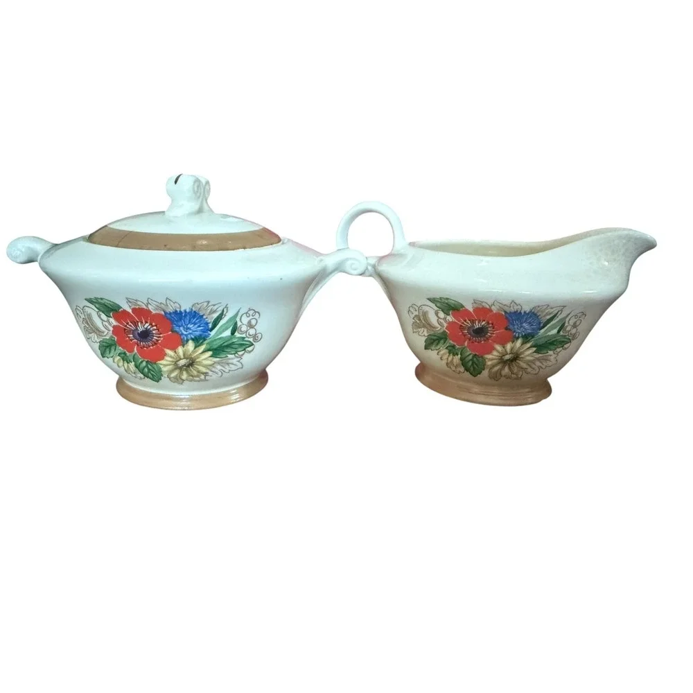 Vintage 1948 Edwin M Knowles Floral Creamer Sugar Bowl Set USA Cottagecore